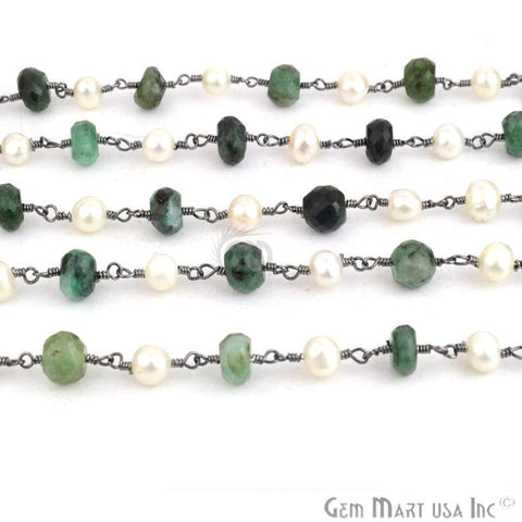 Emerald 7-8mm With Pearl 5-6mm Oxidized Wire Wrapped Beads Rosary Chain - GemMartUSA