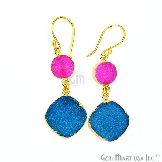 Double Druzy Stone 52x10mm Gold Plated Hook Earrings (Pick your Gemstone) (90117-1) - GemMartUSA