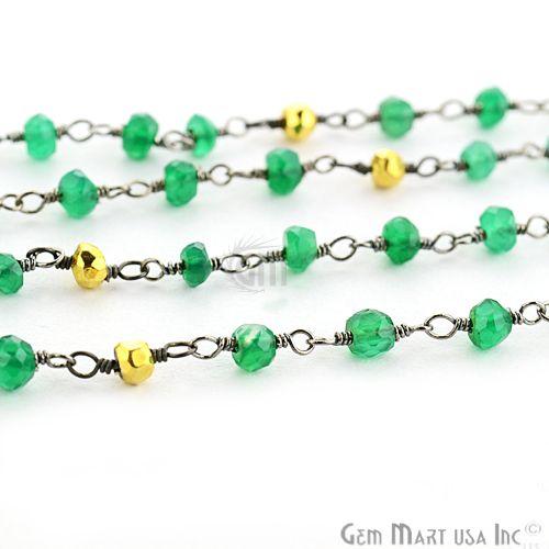 Green Onyx With Golden Pyrite 3-3.5mm Oxidized Wire Wrapped Beads Rosary Chain (762855784495)