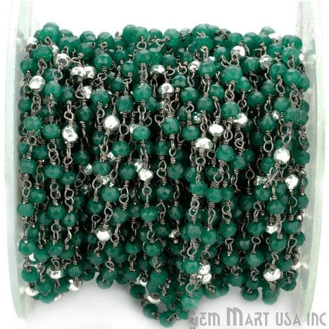 Green Onyx & Silver Pyrite Beads 3-3.5mm Oxidized Wire Wrapped Rosary Chain - GemMartUSA