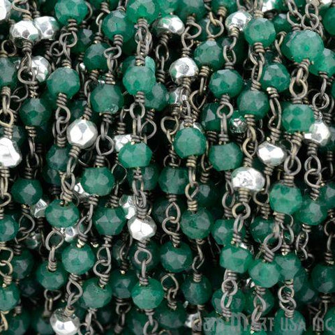 Green Onyx & Silver Pyrite Beads 3-3.5mm Oxidized Wire Wrapped Rosary Chain