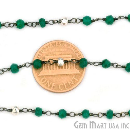 Green Onyx & Silver Pyrite Beads 3-3.5mm Oxidized Wire Wrapped Rosary Chain