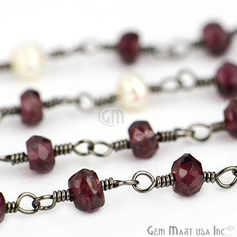 Garnet With Pearl Gemstone Beaded Wire Wrapped Rosary Chain