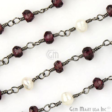 Garnet With Pearl Gemstone Beaded Wire Wrapped Rosary Chain