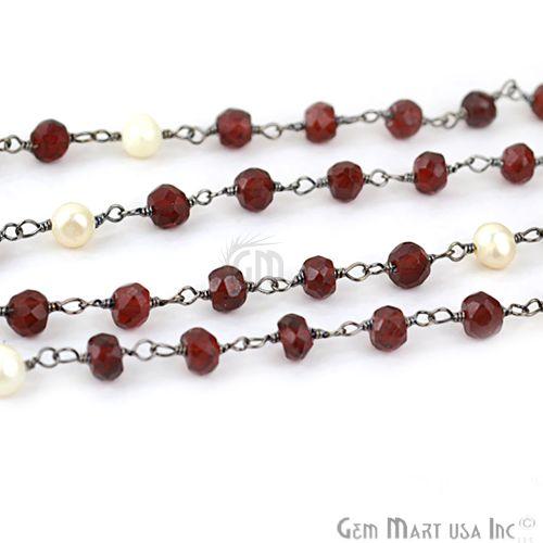 Garnet With Pearl 4mm Oxidized Wire Wrapped Beads Rosary Chain (762860109871)