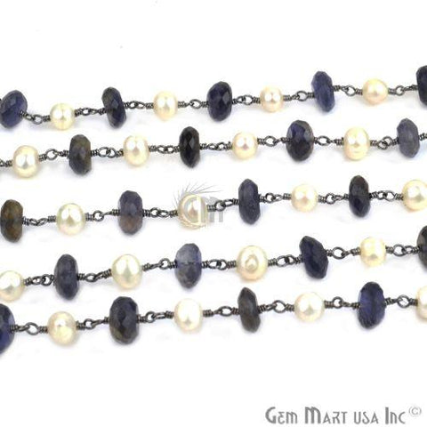 Iolite 7-8mm With Pearl 5-6mm Oxidized Wire Wrapped Rosary Chain (762866139183)