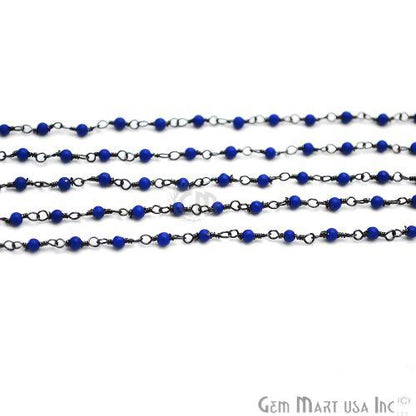 Blue Sapphire Jade Gemstone Beads 3-3.5mm Oxidized Wire Wrapped Rosary Chain