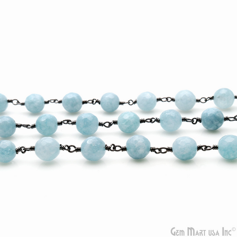 Turquoise Blue Jade 8mm Round Oxidized Cabochon Beads Gemstone Rosary Chain