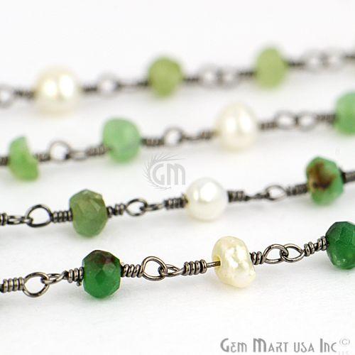 Chrysoprase With Pearl 3-3.5mm Oxidized Wire Wrapped Beads Rosary Chain (762969194543)