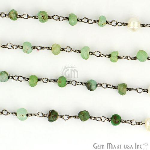 Chrysoprase With Pearl 3-3.5mm Oxidized Wire Wrapped Beads Rosary Chain (762969194543)