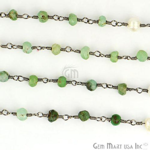 Chrysoprase With Pearl 3-3.5mm Oxidized Wire Wrapped Beads Rosary Chain (762969194543)