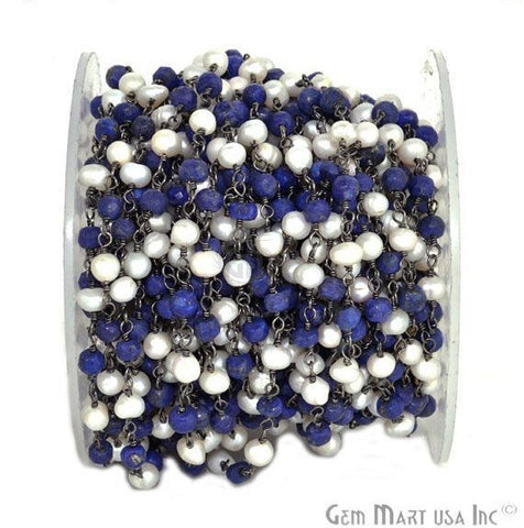 Lapis & Pearl Gemstone Beads 3-3.5mm Oxidized Wire Wrapped Rosary Chain - GemMartUSA