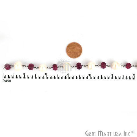 Ruby 6-7mm With Pearl 8-9mm Oxidized Wire Wrapped Rosary Chain (762976469039)