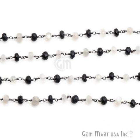 Black Spinel With White Chalcedony Beaded Oxidized Wire Wrapped Rosary Chain