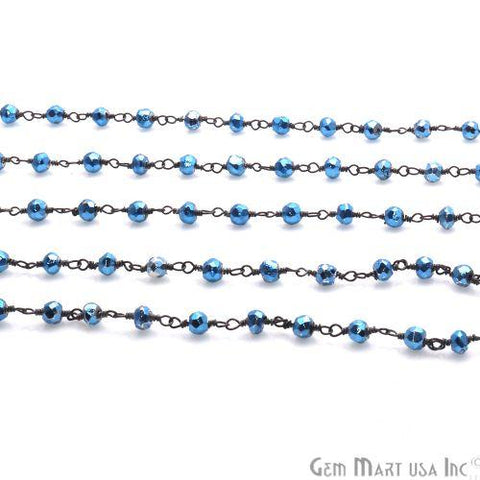 Metallic Blue Pyrite 3-3.5mm Beaded Oxidized Wire Wrapped Rosary Chain