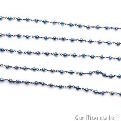 Metallic Blue Pyrite 3-3.5mm Beaded Oxidized Wire Wrapped Rosary Chain