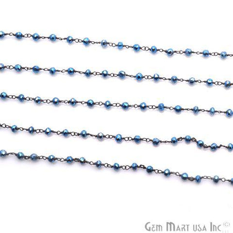 Metallic Blue Pyrite 3-3.5mm Beaded Oxidized Wire Wrapped Rosary Chain