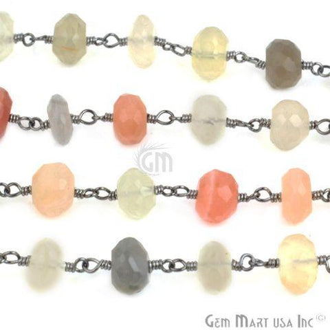 Multi Moonstone Rondelle 7-8mm Oxidized Wire Wrapped Rosary Chain (762982694959)