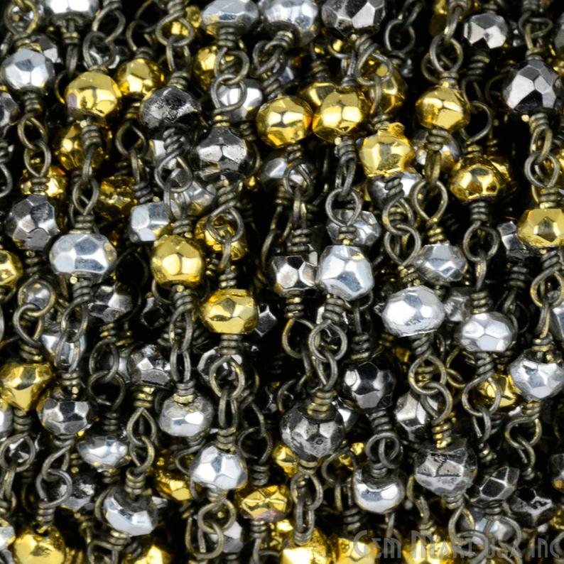 Multi Pyrite 3-3.5mm Oxidized Wire Wrapped Rosary Chain - GemMartUSA