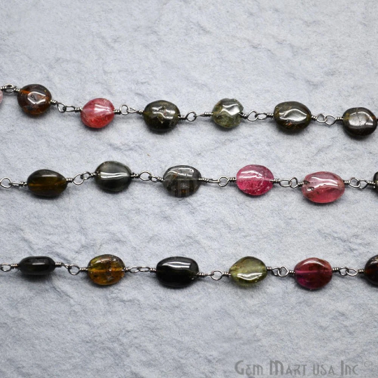 Multi Tourmaline Gemstone Beads Oxidized Wire Wrapped Bead Rosary Chain