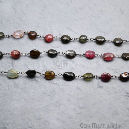 Multi Tourmaline Gemstone Beads Oxidized Wire Wrapped Bead Rosary Chain