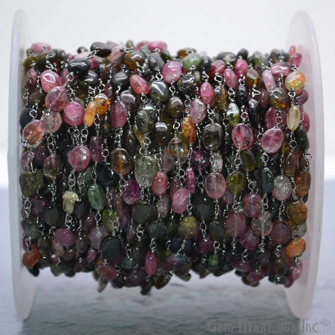 Multi Tourmaline Gemstone Beads Oxidized Wire Wrapped Bead Rosary Chain