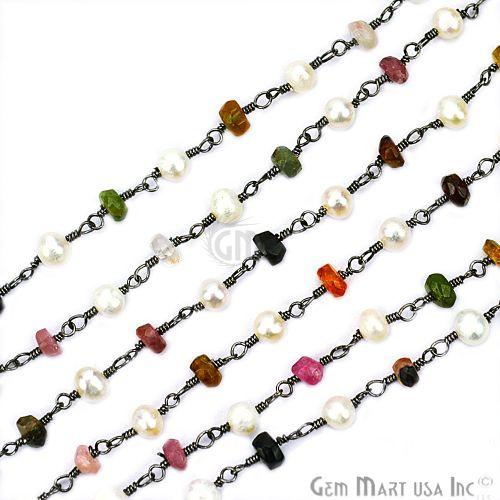 Multi Tourmaline With Pearl Gemstone Beaded Oxidized Wire Wrapped Rosary Chain