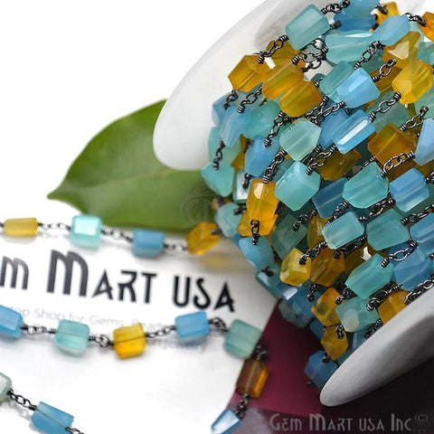 Multi Stone Cube Shape Gemstone Oxidized Wire Wrapped Beaded Rosary Chain - GemMartUSA