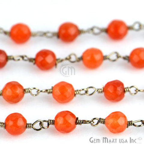 Orange Jade 4mm Beads Oxidized Wire Wrapped Rosary Chain (762997801007)