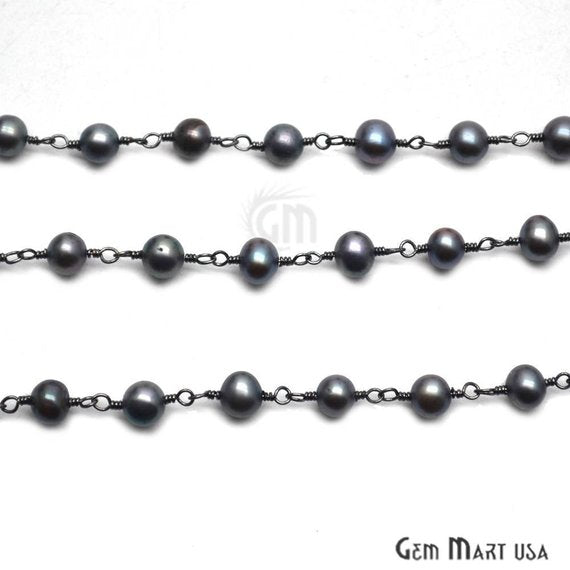 Black Pearl Gemstone Beaded Oxidized Wire Wrapped Rosary Chain - GemMartUSA