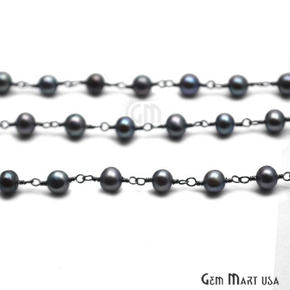 Black Pearl Gemstone Beaded Oxidized Wire Wrapped Rosary Chain - GemMartUSA