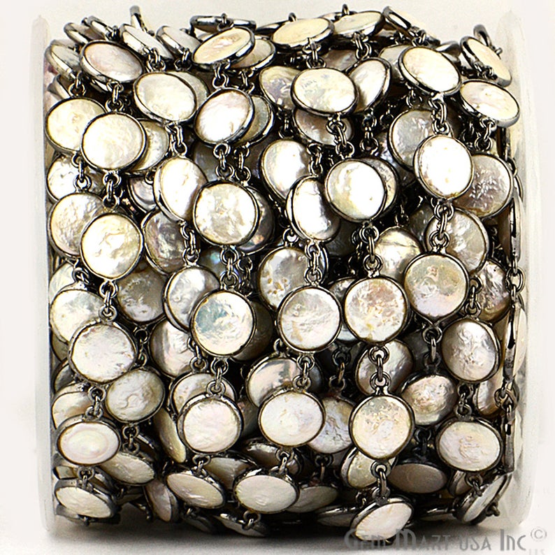 Pearl 10mm Round Bezeled Oxidized Continuous Connector Chain - GemMartUSA