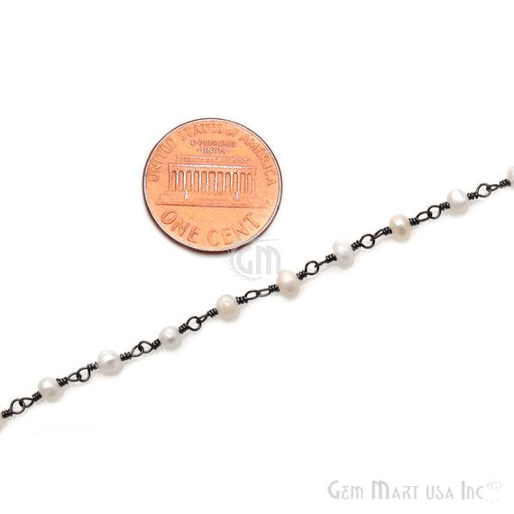 Pearl Gemstone Beads 3-3.5mm Oxidized Wire Wrapped Rosary Chain - GemMartUSA