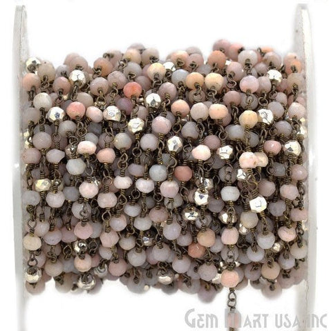 Pink Opal & Silver Pyrite Gemstone Beads 3-3.5mm Oxidized Wire Wrapped Rosary Chain - GemMartUSA