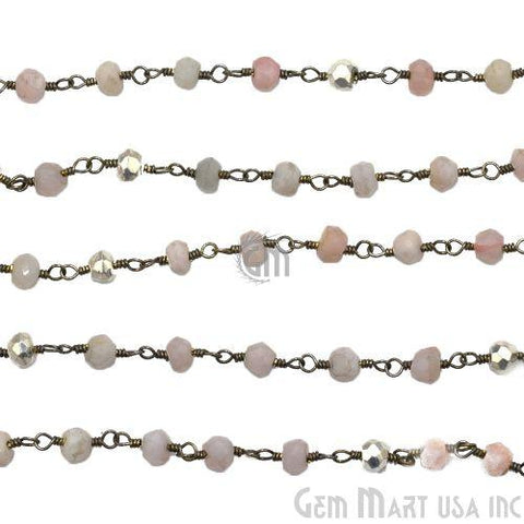Pink Opal & Silver Pyrite Gemstone Beads 3-3.5mm Oxidized Wire Wrapped Rosary Chain