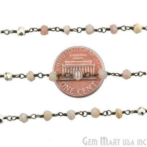 Pink Opal & Silver Pyrite Gemstone Beads 3-3.5mm Oxidized Wire Wrapped Rosary Chain