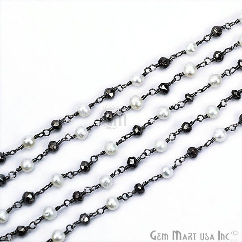 Pearl & Black Pyrite 3-3.5mm Beaded Oxidized Wire Wrapped Rosary Chain - GemMartUSA