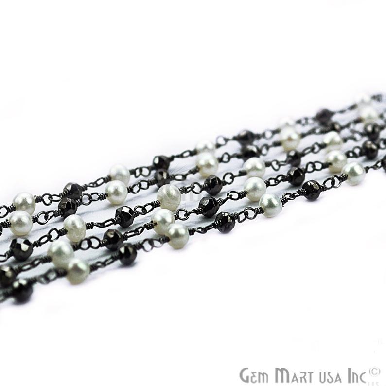 Pearl & Black Pyrite 3-3.5mm Beaded Oxidized Wire Wrapped Rosary Chain - GemMartUSA