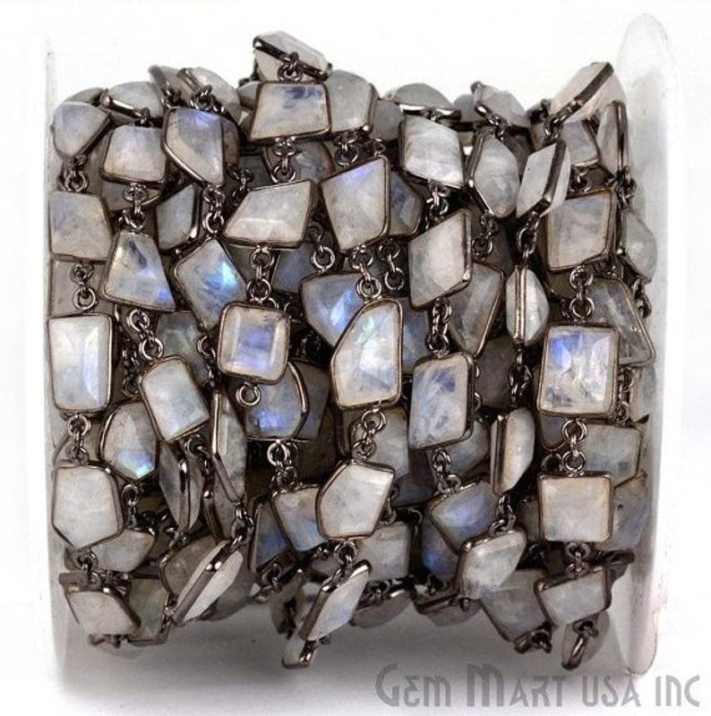 Rainbow Moonstone 10-12mm Free Form Oxidized Continuous Connector Chain - GemmartUSA