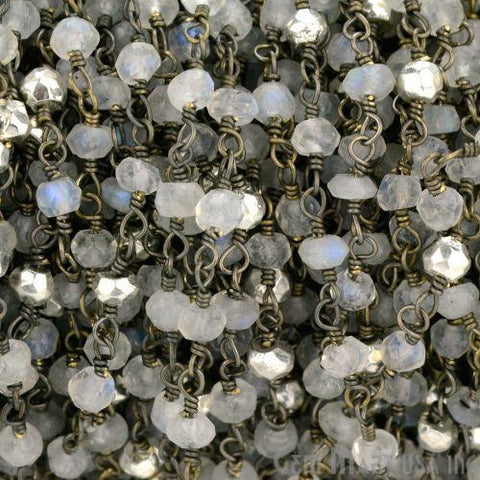 Rainbow Moonstone & Silver Pyrite Gemstone Beads 3-3.5mm Oxidized Wire Wrapped Rosary Chain