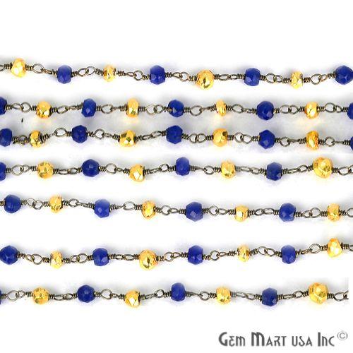 Blue Sapphire With Golden Pyrite 3-3.5mm Oxidized Wire Wrapped Beads Rosary Chain (763602436143)