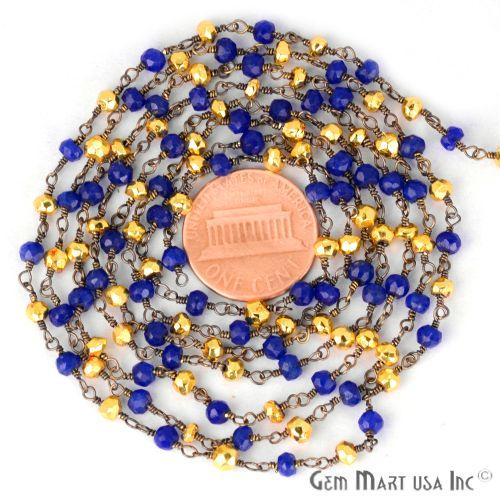 Blue Sapphire With Golden Pyrite 3-3.5mm Oxidized Wire Wrapped Beads Rosary Chain (763602436143)