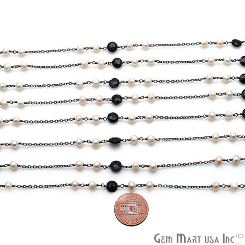 Black Spinel 6mm Pearl 5mm Beaded Oxidize Wire Wrapped Rosary Chain