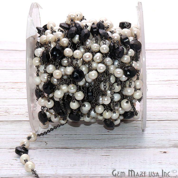 Black Spinel 6mm Pearl 5mm Beaded Oxidize Wire Wrapped Rosary Chain