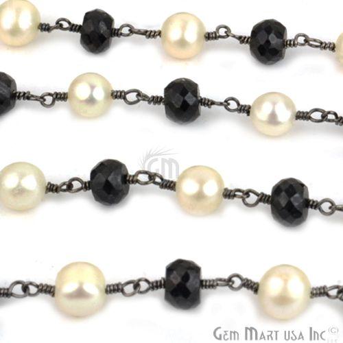 Black Spinel With Pearl Oxidized Wire Wrapped Beads Rosary Chain (763605221423)