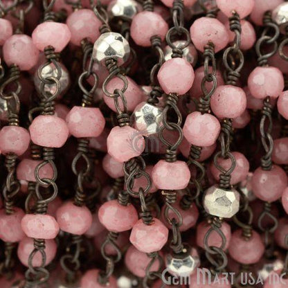 Rose chalcedony With Silver Pyrite Beaded Oxidized Wire Wrapped Rosary Chain (764422225967)