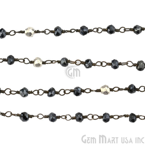 Black Spinel & Silver Pyrite Beaded Oxidized Wire Wrapped Rosary Chain