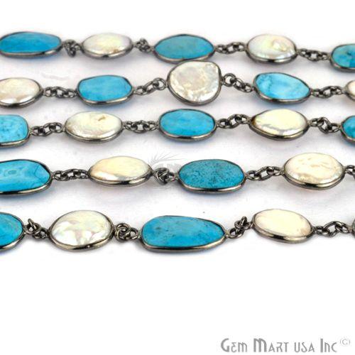 Turquoise With Pearl 10-15mm Oxidized Bezel Continuous Connector Chain (764253732911)
