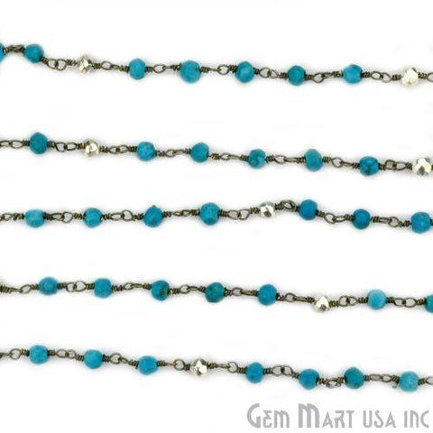 Turquoise With Silver Pyrite Oxidized Wire Wrapped Beads Rosary Chain