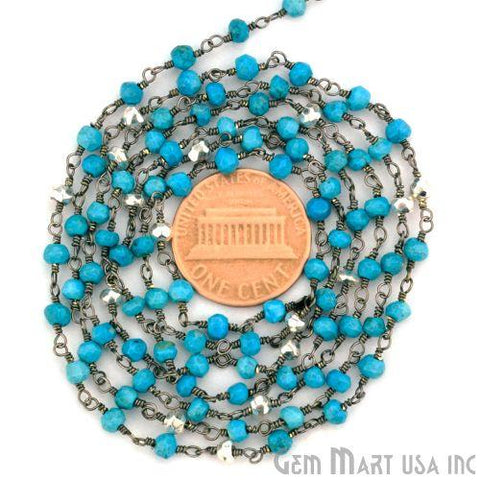 Turquoise With Silver Pyrite Oxidized Wire Wrapped Beads Rosary Chain